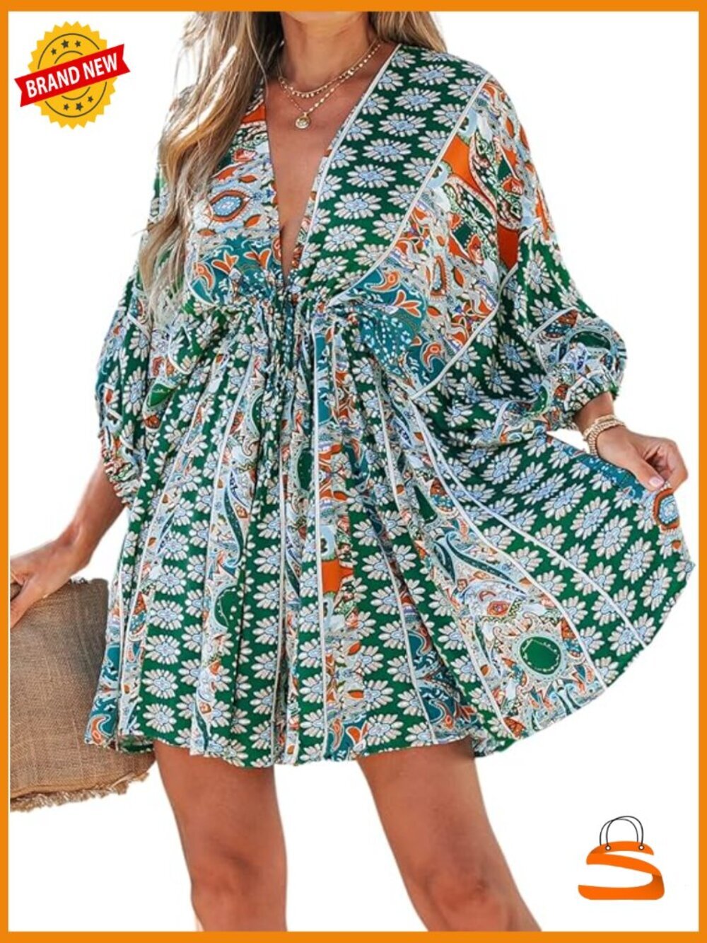 Women's Boho Floral Print Tie Front Sundress with 3/4 Sleeves